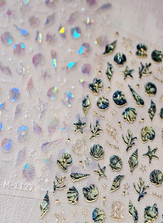 Maigitur Laser Ocean Nail Stickers Gold Conch Nail Designs Self-Adhesive Silver Shell Nail Decals 5D Embossed Aurora Starfish Summer Sticker Manicure Accessories for Women Girls DIY Acrylic Nails 2 Sheets - Image 4